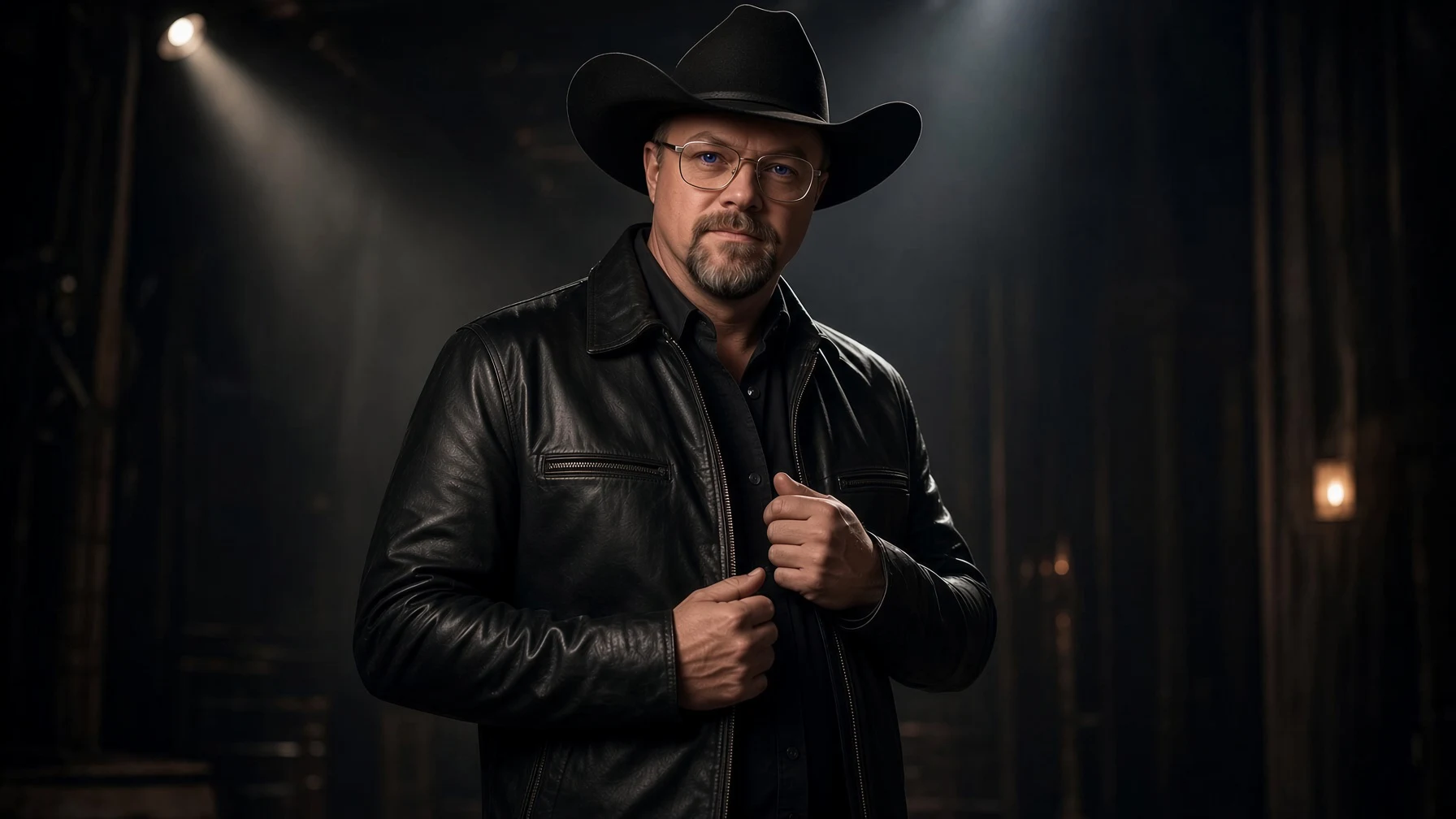 Chad Sanders under a dramatic spotlight in a dark barn, leather jacket